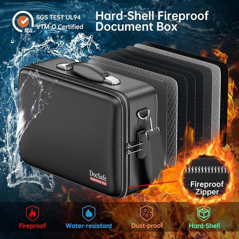 DocSafe Fireproof Document Box with Lock＆Shoulder Strap, Hard-Shell Case File Organizer with Accordion File Folder, Multi-Layer Portable Home Office Travel Safe Storage for Important Documents Laptop - Image 2
